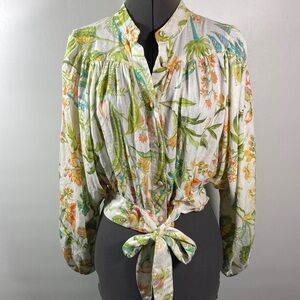 RACHEL Rachel Roy TopWomen Size L Floral Long Puff Sleeves Elastic Waist w Tie